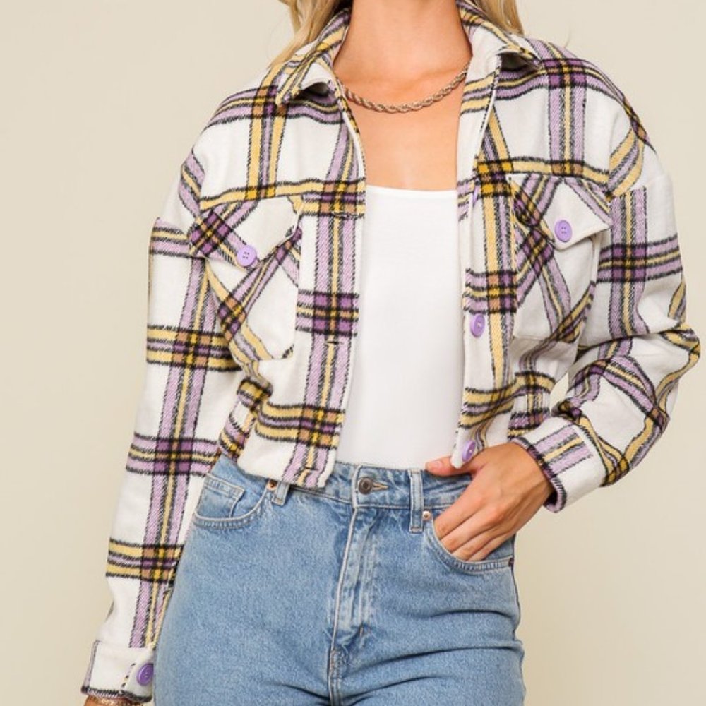 Timing Purple And Yellow Plaid Cropped Jacket